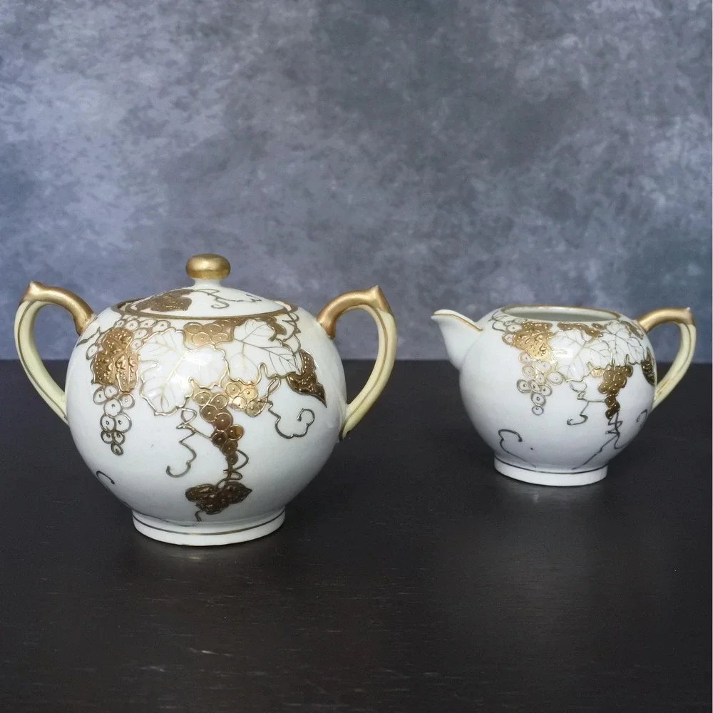 Antique Japanese T.S. Nippon Porcelain Gold Moriage Grape Leaf Tea Set